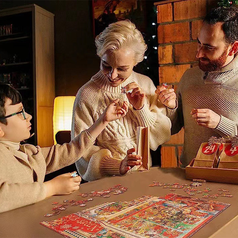 "Julig blindlåda med pussel, jultema med snögubbar och granar, överraskande unik gåva, perfekt för julstämning."