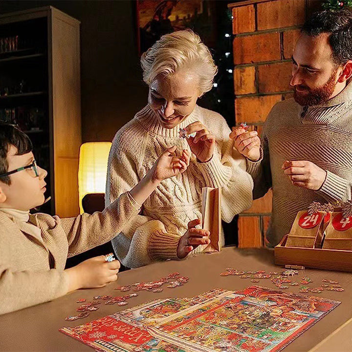 "Julig blindlåda med pussel, jultema med snögubbar och granar, överraskande unik gåva, perfekt för julstämning."