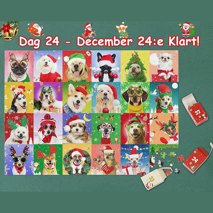 "Julig blindlåda med pussel, jultema med snögubbar och granar, överraskande unik gåva, perfekt för julstämning."