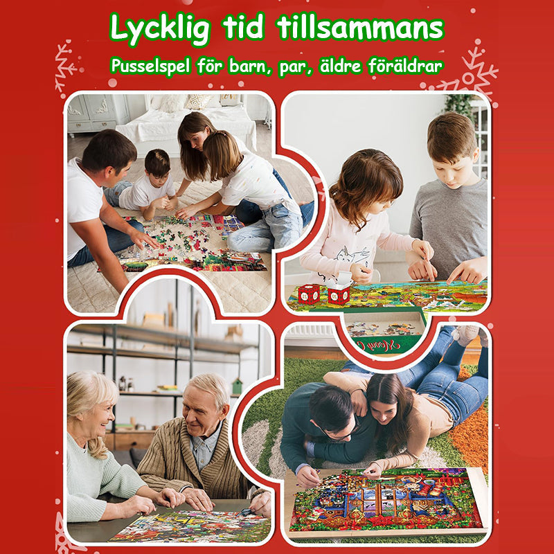 "Julig blindlåda med pussel, jultema med snögubbar och granar, överraskande unik gåva, perfekt för julstämning."