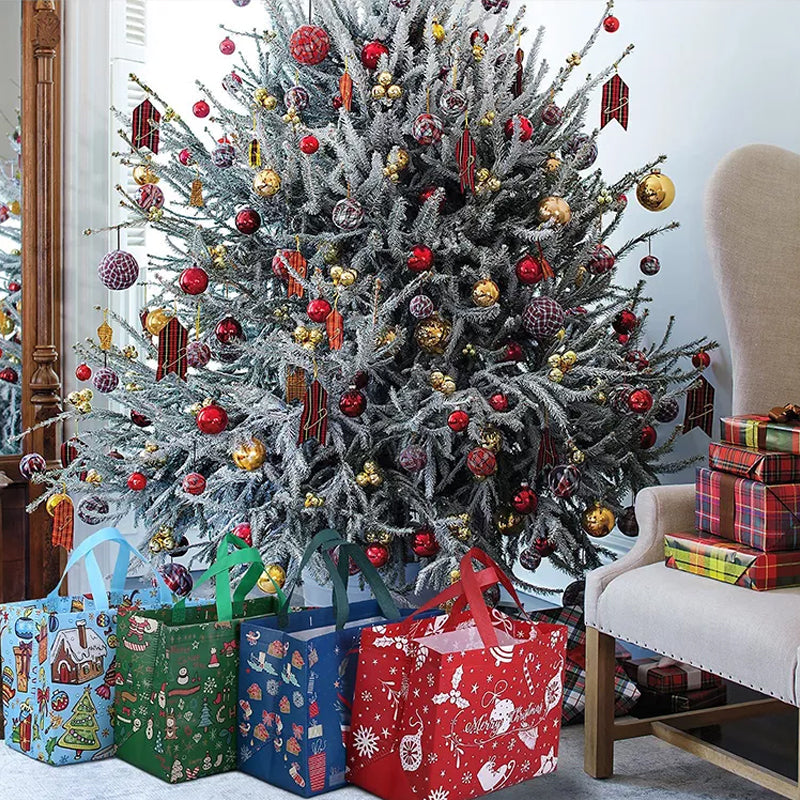 "Julig presentpåse i ovävt tyg, färgglada mönster, perfekt för julklappar, slitstark och återanvändbar accessoar."