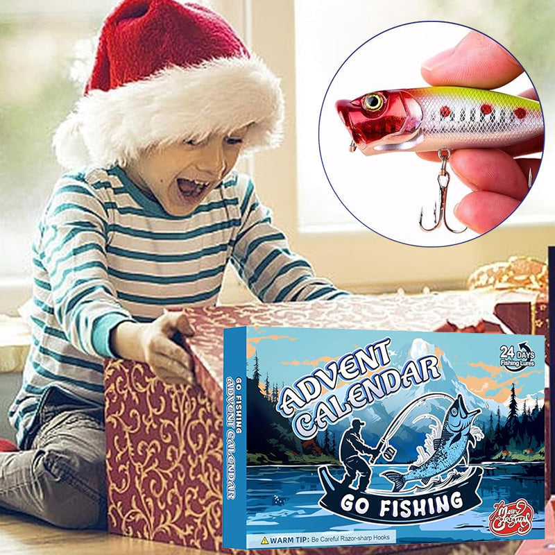 "Julkalendar Fiskeredskap, 24 paket med färgglada fiskedrag och krokar, utställda på brun pappkalender."