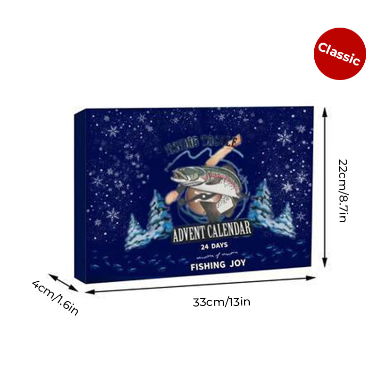 "Julkalendar Fiskeredskap, 24 paket med färgglada fiskedrag och krokar, utställda på brun pappkalender."