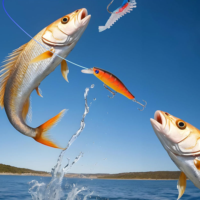 "Julkalendar Fiskeredskap, 24 paket med färgglada fiskedrag och krokar, utställda på brun pappkalender."