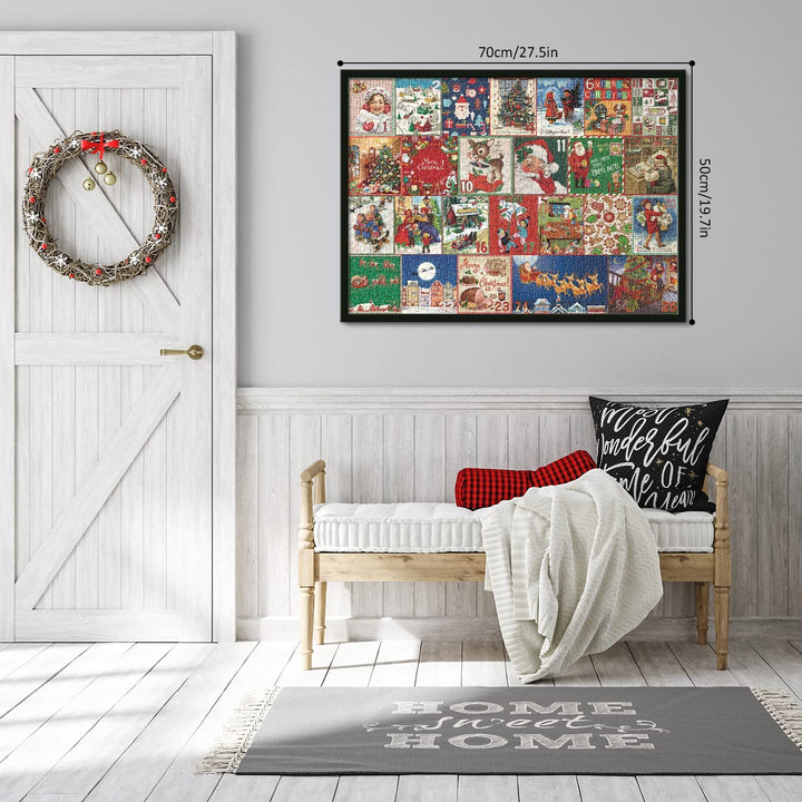 "Julkalender för vuxna med 1000-bitars pussel, visar en detaljrik julbrasa, perfekt för festlig nedräkning."