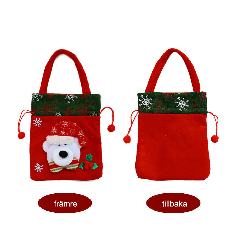 "Julklappspåsar med Jultomte, Ren, Snögubbe och Nallebjörn mönster, perfekta för att dekorera och ge gåvor till jul."