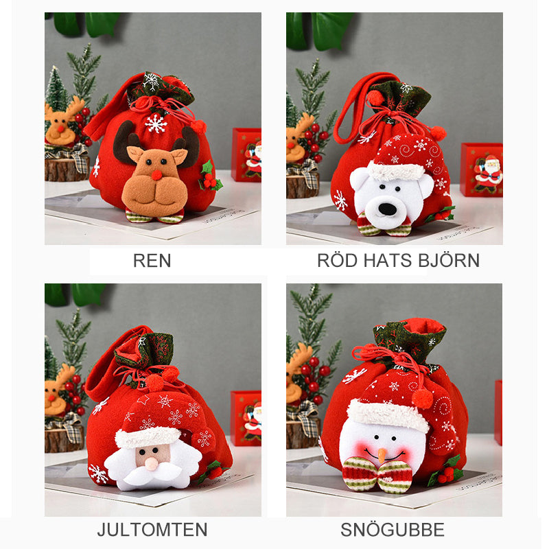 "Julklappspåsar med Jultomte, Ren, Snögubbe och Nallebjörn mönster, perfekta för att dekorera och ge gåvor till jul."