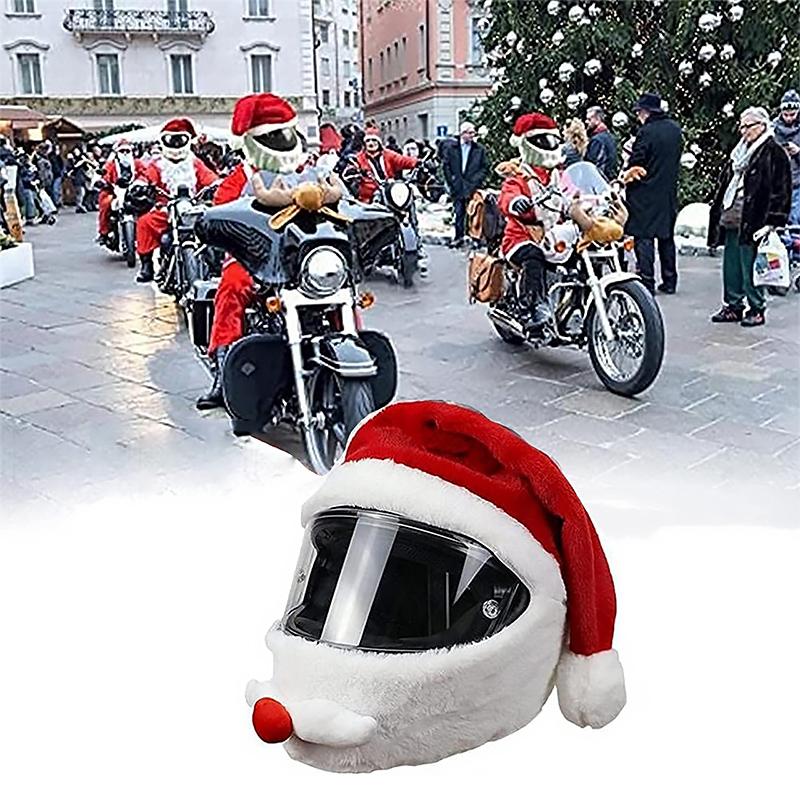 "Julmotorcykelhjälmskydd med tomtemotiv, röd och vit design, ger festlig känsla och skydd under julens motorcykelturer."