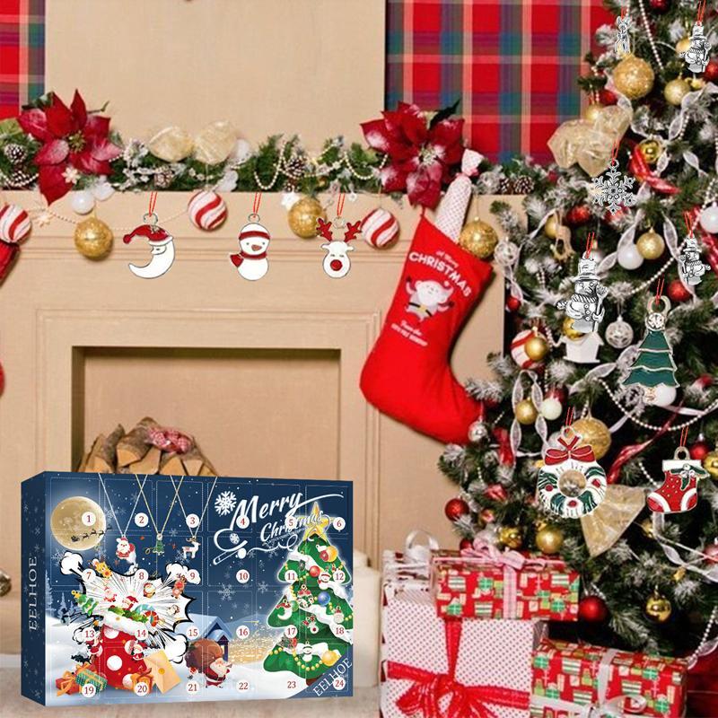 "Julnedräkningskalender för barn med färgglada DIY hängsmycken, detaljerad design, skapar festlig stämning varje dag."