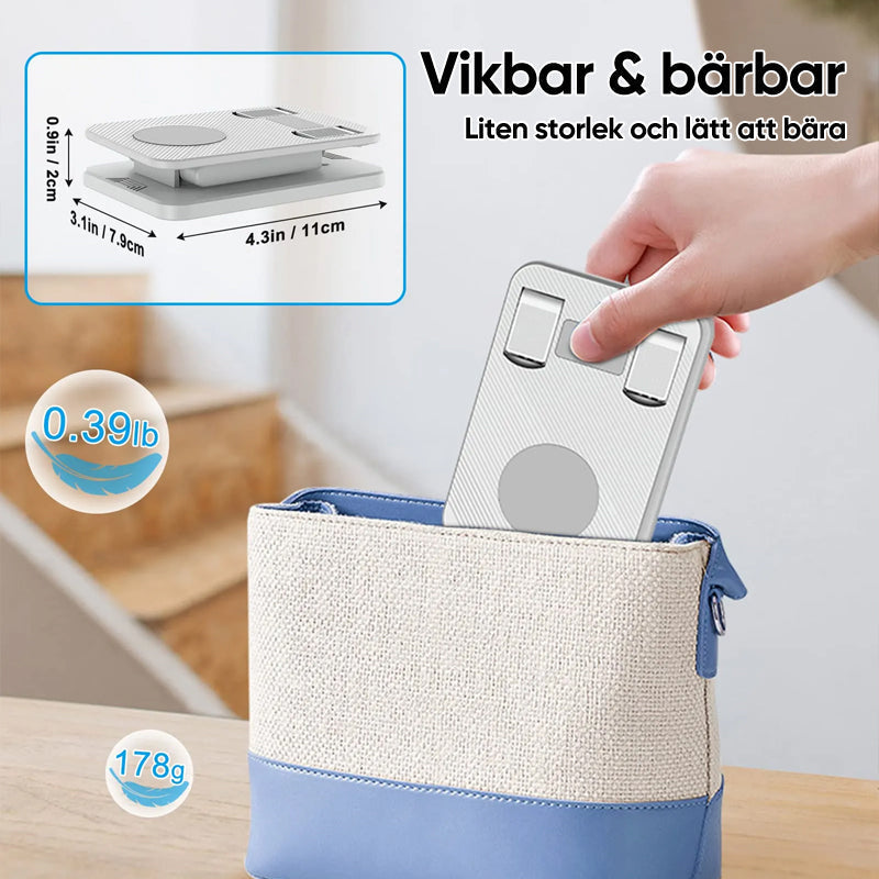 Justerbar 360° rotationshållare i metall med halksäkra kuddar för telefon/surfplatta, elegant och kompakt design.