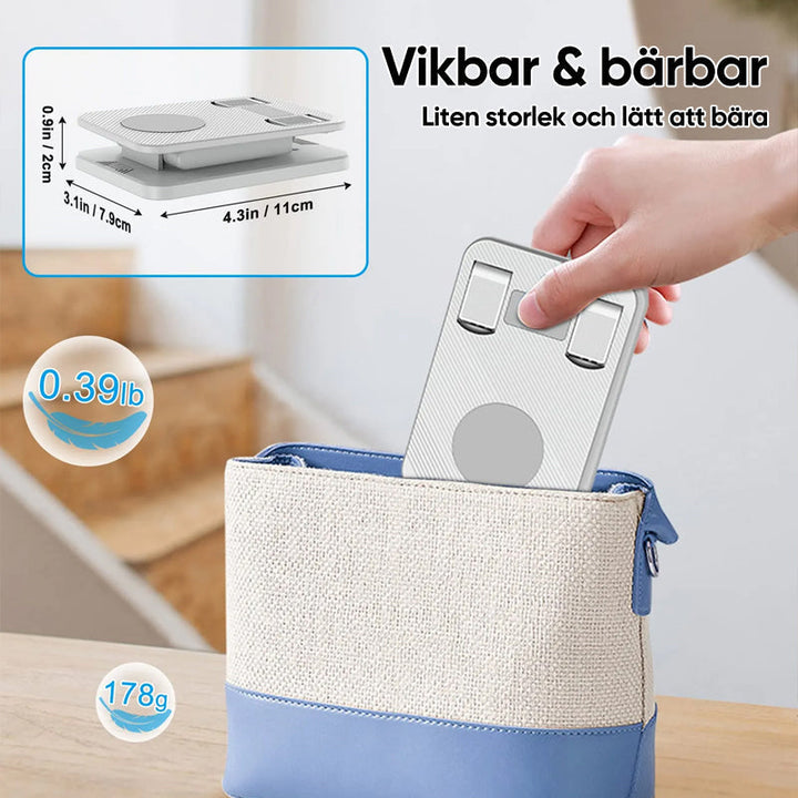 Justerbar 360° rotationshållare i metall med halksäkra kuddar för telefon/surfplatta, elegant och kompakt design.