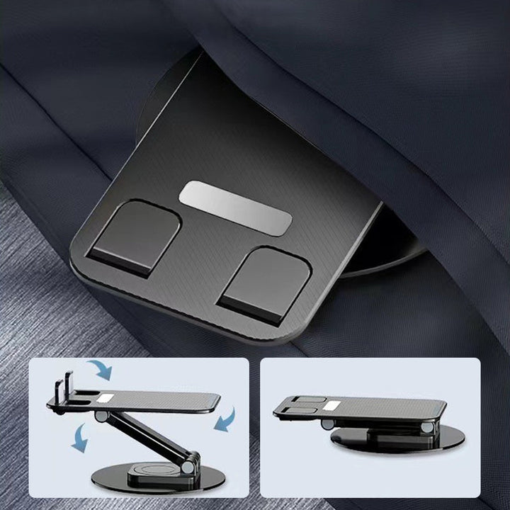 Justerbar 360° rotationshållare i metall med halksäkra kuddar för telefon/surfplatta, elegant och kompakt design.