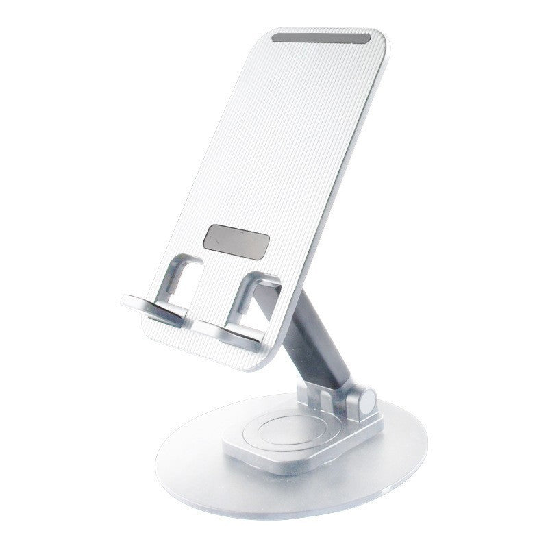 Justerbar 360° rotationshållare i metall med halksäkra kuddar för telefon/surfplatta, elegant och kompakt design.