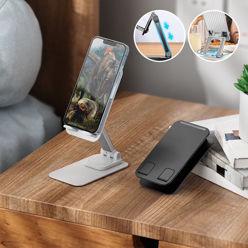 Justerbar 360° rotationshållare i metall med halksäkra kuddar för telefon/surfplatta, elegant och kompakt design.