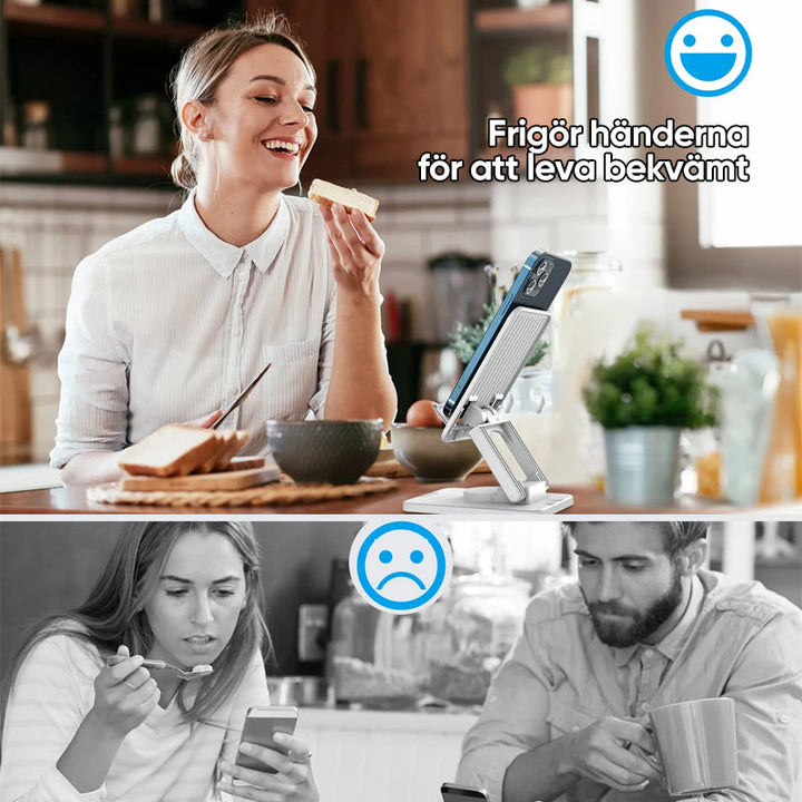 Justerbar 360° rotationshållare i metall med halksäkra kuddar för telefon/surfplatta, elegant och kompakt design.