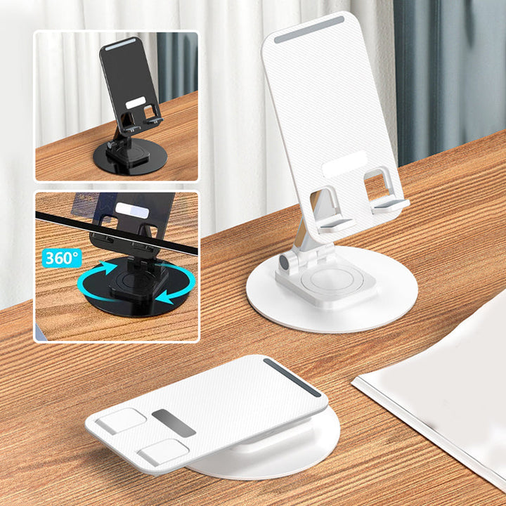 Justerbar 360° rotationshållare i metall med halksäkra kuddar för telefon/surfplatta, elegant och kompakt design.