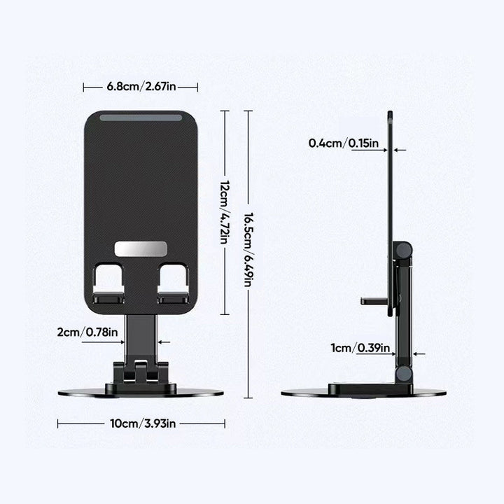 Justerbar 360° rotationshållare i metall med halksäkra kuddar för telefon/surfplatta, elegant och kompakt design.