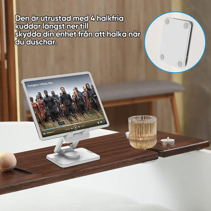 Justerbar 360° rotationshållare i metall med halksäkra kuddar för telefon/surfplatta, elegant och kompakt design.