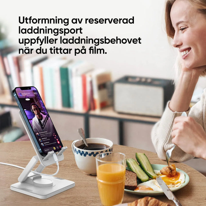 Justerbar 360° rotationshållare i metall med halksäkra kuddar för telefon/surfplatta, elegant och kompakt design.