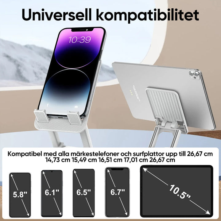 Justerbar 360° rotationshållare i metall med halksäkra kuddar för telefon/surfplatta, elegant och kompakt design.