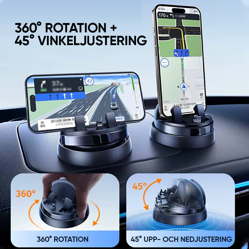 "Justerbar bilhållare för GPS och smartphone, svart, med klibbigt silikon för stabilitet och enkel rengöring."