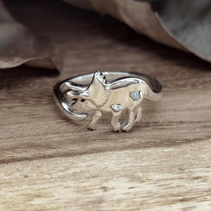 "Justerbar dinosauriering i silver med dinosauriemotiv; elegant, lekfull och perfekt för dinosaurieälskare."