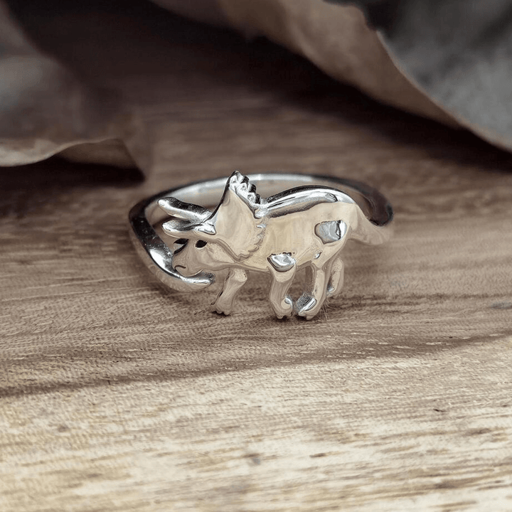 "Justerbar dinosauriering i silver med dinosauriemotiv; elegant, lekfull och perfekt för dinosaurieälskare."