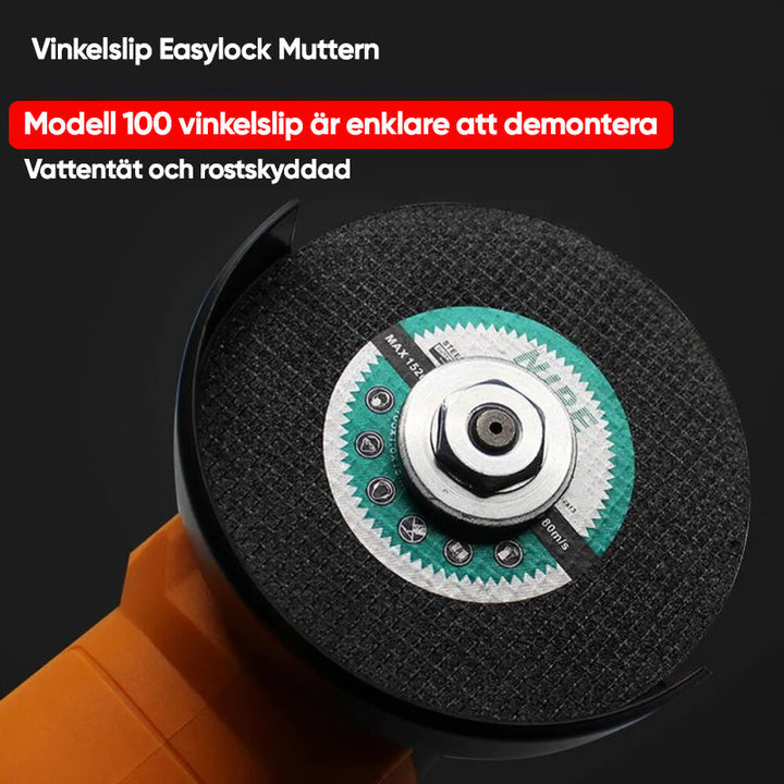 "Justerbar Easylock mutter i kolstål för vinkelslip, kompakt och hållbar. Perfekt för polering och skärning."