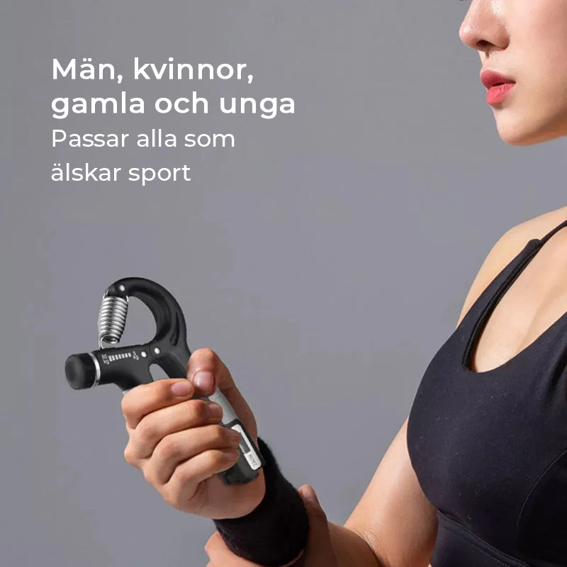 Justerbar grepptränare med ljusblått handtag, främjar styrka och kondition, utrustad med smart räknfunktion.