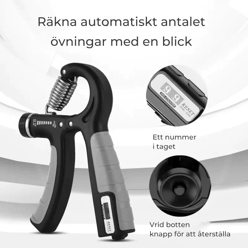 Justerbar grepptränare med ljusblått handtag, främjar styrka och kondition, utrustad med smart räknfunktion.