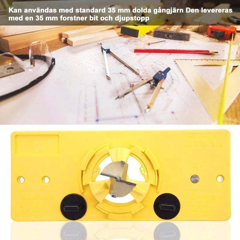 "Justerbar gul 35 mm håljigguide för träbearbetning, perfekt för exakt borrning av gångjärnshål. Enkel att använda hemma."