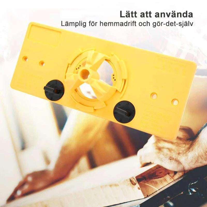 "Justerbar gul 35 mm håljigguide för träbearbetning, perfekt för exakt borrning av gångjärnshål. Enkel att använda hemma."