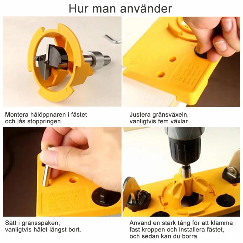"Justerbar gul 35 mm håljigguide för träbearbetning, perfekt för exakt borrning av gångjärnshål. Enkel att använda hemma."