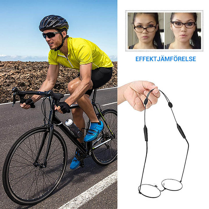 "Justerbar halkfri snodd i silikon för glasögon, unisex, svart, säker passform för sport och vardagsbruk, sett framifrån."