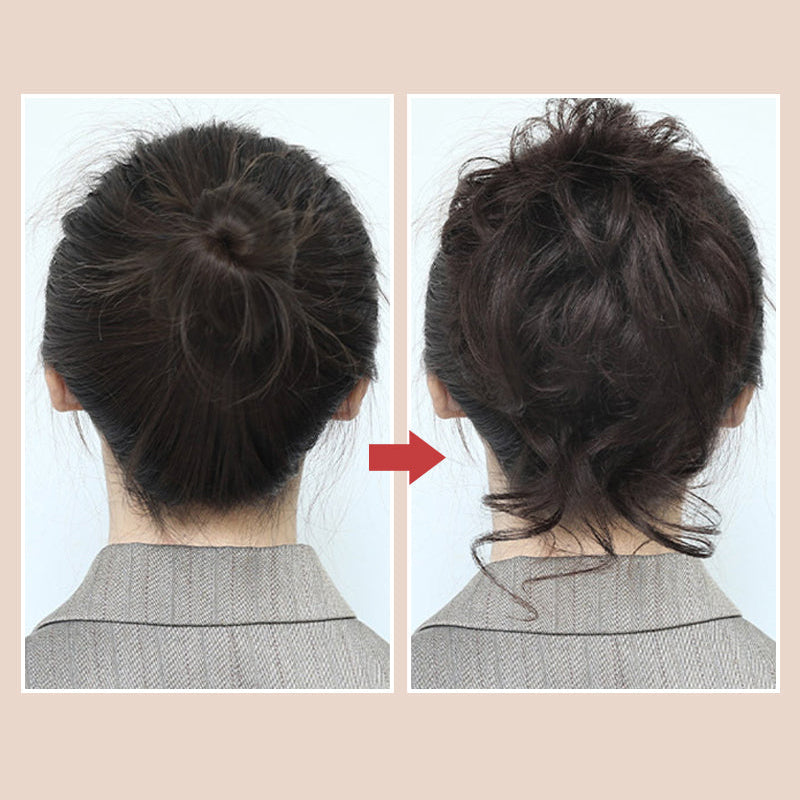 "Justerbar hårstycke för kvinnor, messy bun i syntetmaterial, ger voluminös look i brun och kastanjfärg."