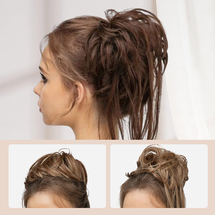 "Justerbar hårstycke för kvinnor, messy bun i syntetmaterial, ger voluminös look i brun och kastanjfärg."