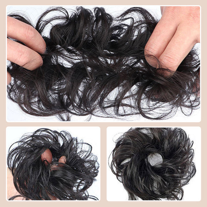 "Justerbar hårstycke för kvinnor, messy bun i syntetmaterial, ger voluminös look i brun och kastanjfärg."