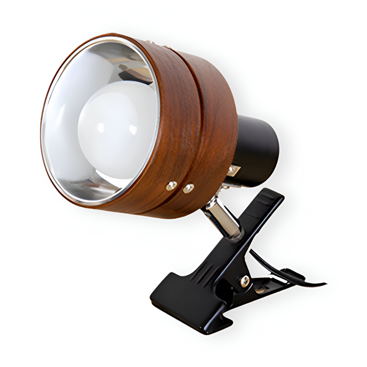 Fästbar japansk skrivbordslampa av trä & järn, justerbar LED-belysning. Perfekt klämlampa.