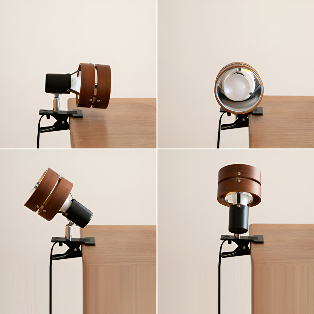 Unik japansk klämlampa i trä & järn med justerbar arm. Stilren LED-bordslampa för kontor/hem.