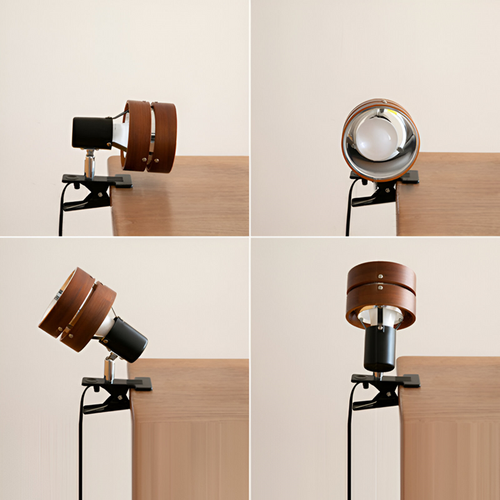 Unik japansk klämlampa i trä & järn med justerbar arm. Stilren LED-bordslampa för kontor/hem.