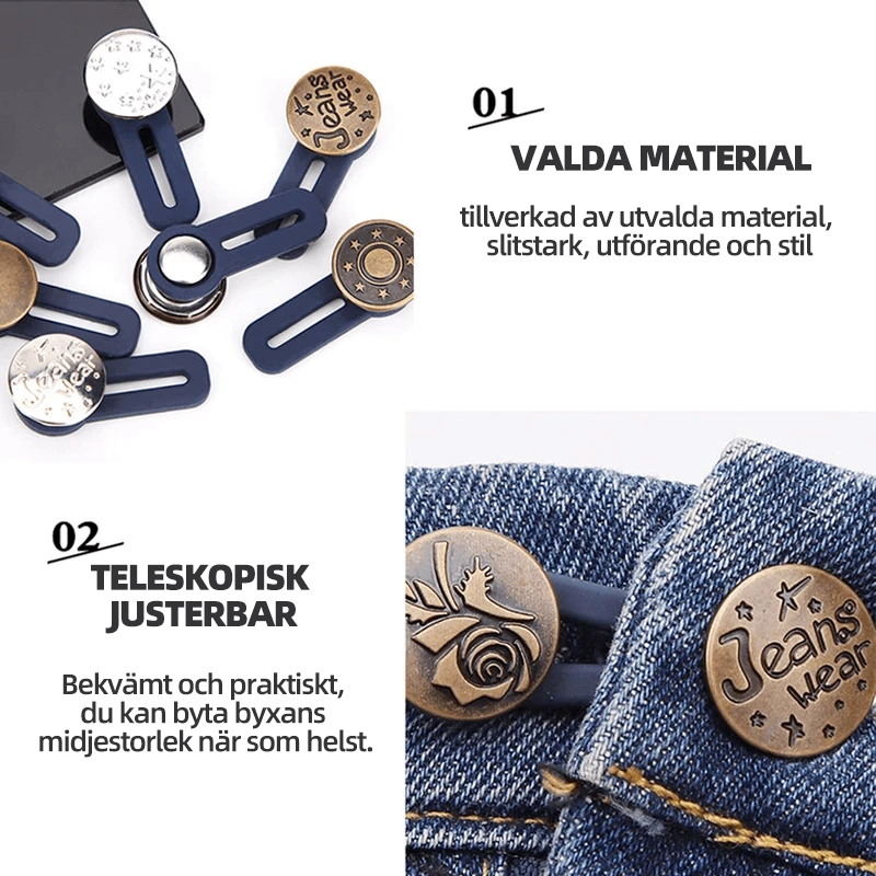 "Justerbar jeans flexiknapp för herr och dam, elegant metall, enkel fastsättning för byxmidja."
