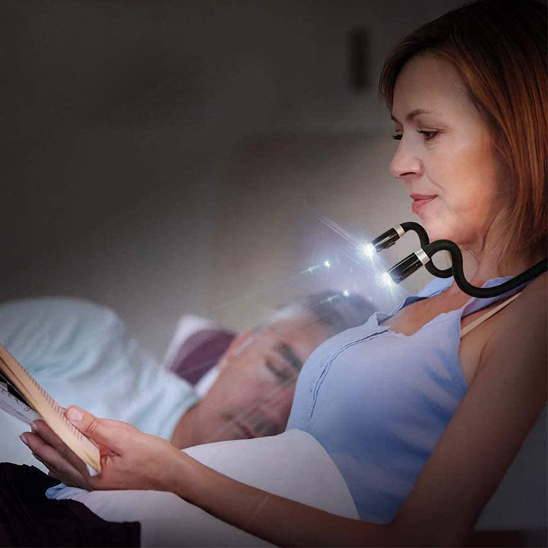 Justerbar LED-läshalslampa med ergonomisk design, handsfree, tre ljusstyrkor, perfekt för läsning och hantverk.