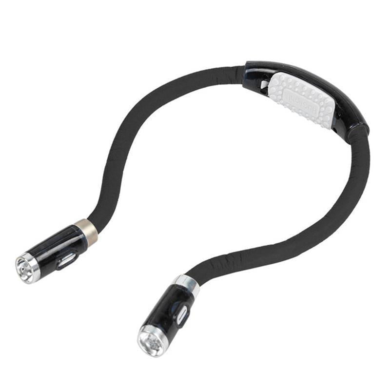 Justerbar LED-läshalslampa med ergonomisk design, handsfree, tre ljusstyrkor, perfekt för läsning och hantverk.