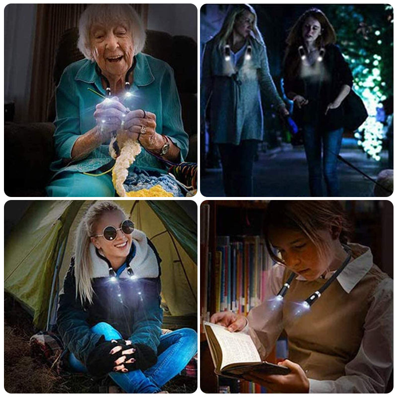 Justerbar LED-läshalslampa med ergonomisk design, handsfree, tre ljusstyrkor, perfekt för läsning och hantverk.