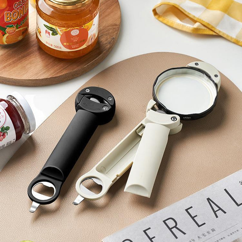 "Justerbar lockskruvare i rostfritt stål, perfekt för att öppna burkar och flaskor, med tandat grepp och halkfria spår."