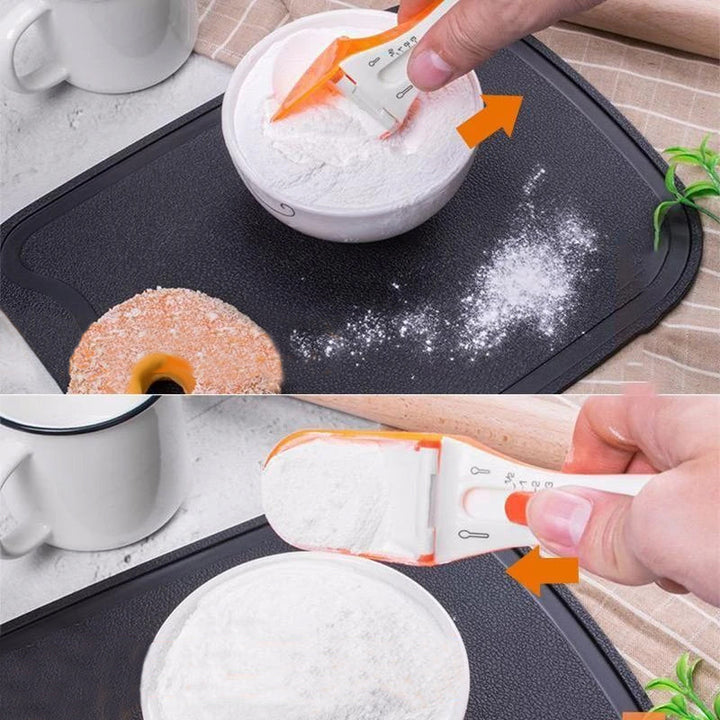 "Justerbar måttsked för kök med ergonomisk design och grön färg, perfekt för exakt mätning i matlagning och bakning."