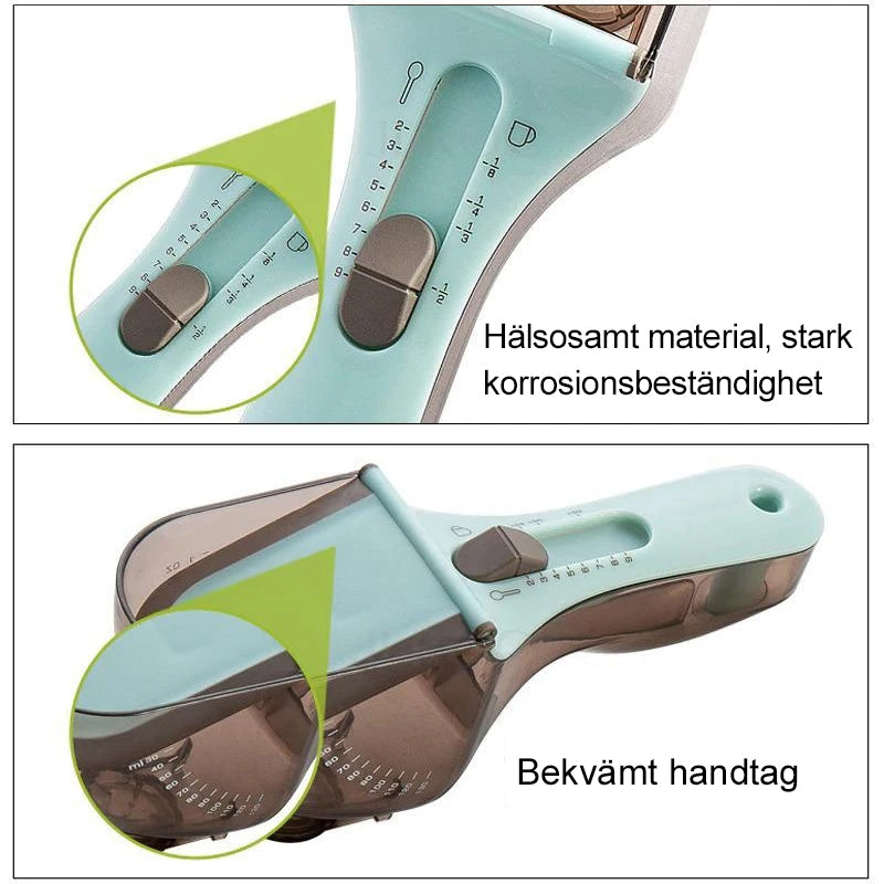 "Justerbar måttsked för kök med ergonomisk design och grön färg, perfekt för exakt mätning i matlagning och bakning."