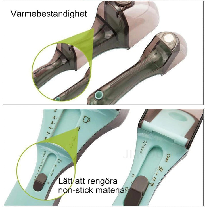 "Justerbar måttsked för kök med ergonomisk design och grön färg, perfekt för exakt mätning i matlagning och bakning."