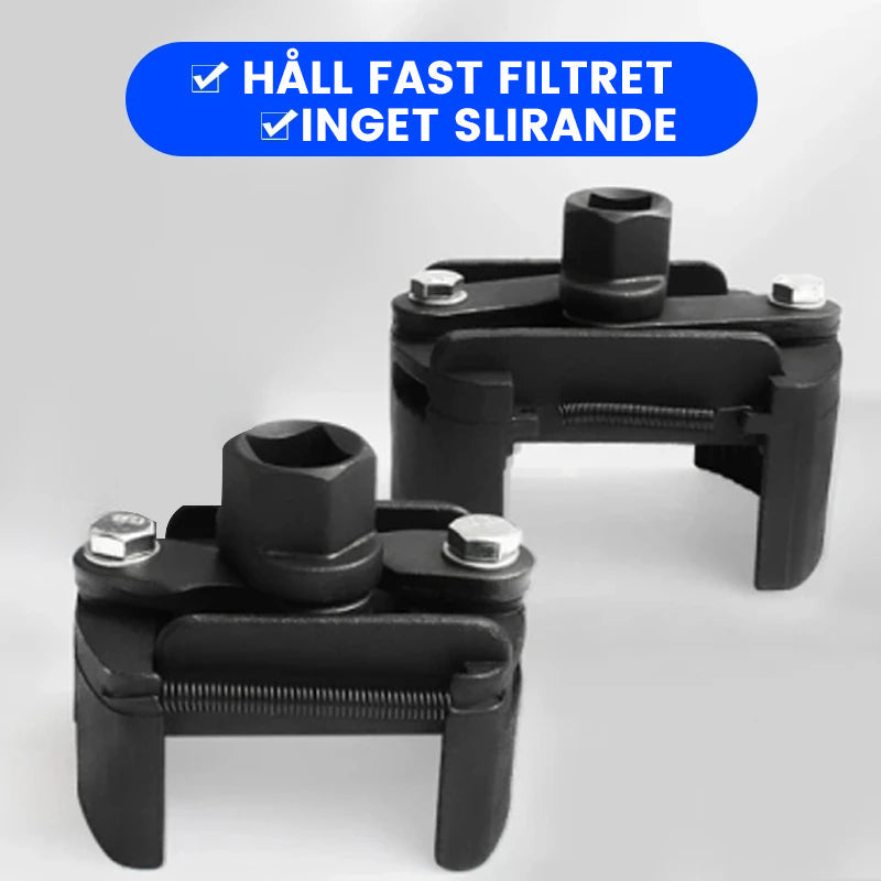 "Justerbar oljefilternyckel för fordon, robust design, metallkropp med tänder, ger säkert grepp vid filterbyte."
