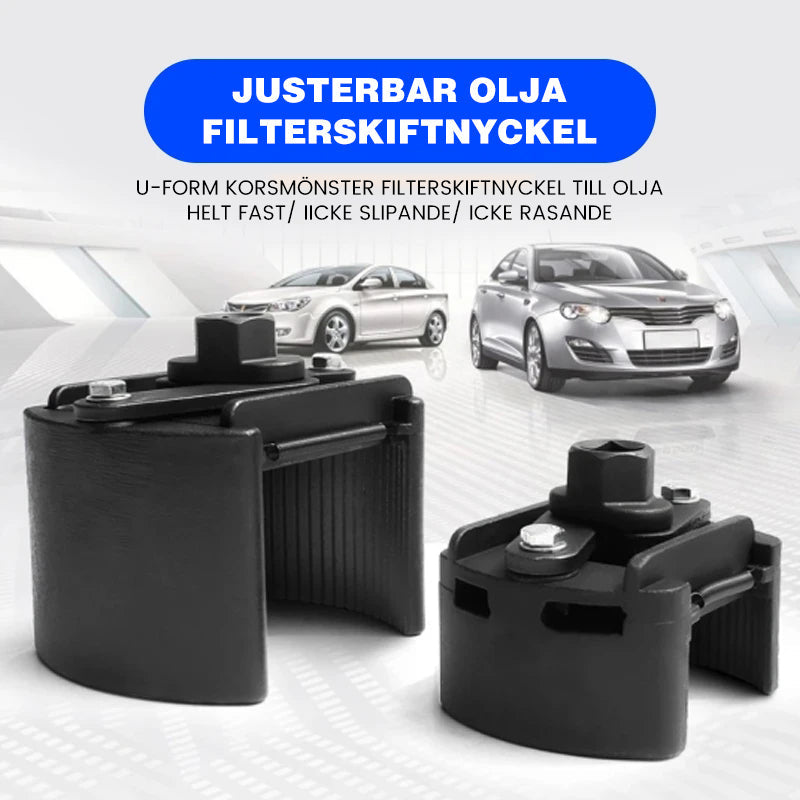 "Justerbar oljefilternyckel för fordon, robust design, metallkropp med tänder, ger säkert grepp vid filterbyte."